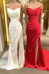 Sheath/Column Spaghetti Straps Sweep Train Elastic Woven Satin Formal Prom Dresses With Leg Slit
