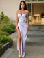 Sheath/Column V-neck Sweep Train Elastic Woven Satin Prom Dresses With Leg Slit
