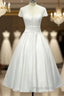 Sheer Back Satin Buttons Tea Length Cap Sleeves Wedding Dresses