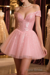 Shiny Beadings Off the Shoulder Pink Short Homecoming Formal Prom Dress, Off Shoulder Pink Beaded Formal Graduation Evening Dress