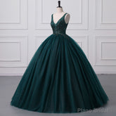 Shiny Emerald Green Sequined Tulle Quinceanera Dresses Backless V Neck Ball Gowns Evening Prom Dresses With Corset Back