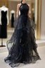 Shiny Halter Sequin Tulle Layered Long Formal Prom Dresses Black Evening Dresses Wedding Dresses