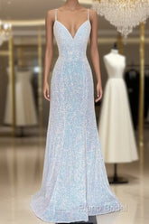 Shiny Mermaid Sequins Long White Formal Prom Dresses V Neck Sleeveless Formal Dresses