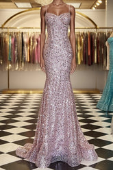 Shiny Sequins Mermaid Pink Long Formal Prom Dress, Sweetheart Neck Pink Formal Dress, Mermaid Pink Evening Dress