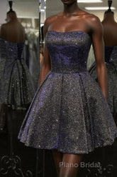 Shiny Strapless Open Back Short Black Formal Prom Dress, Open Back Black Homecoming Dress, Black Formal Evening Dress