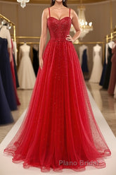 Shiny Sweetheart Neck Red Tulle Beaded Long Formal Prom Dresses, Open Back Red Tulle Formal Graduation Evening Dresses