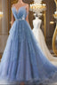 Shiny Tulle V Neck Blue Long Formal Prom Dress, Blue Tulle Formal Evening Dress, Blue Ball Gown