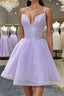 Shiny V Neck Lilac Short Formal Prom Dresses, Lilac Homecoming Dresses