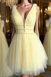 Shiny V Neck Open Back Yellow Tulle Short Formal Prom Dress, V Neck Yellow Formal Graduation Homecoming Dress