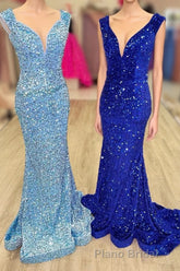 Blue Sequin V-Neck Lace-Up Mermaid Long Prom Dresses