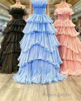 Candy Pink Tulle A-line Strapless Ruffles layers Long Formal Prom Dresses