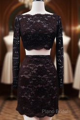 Short Black Lace Two Piece Formal Prom Dresses