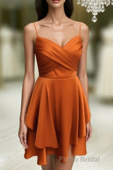 Short Burnt Orange Satin Cocktail Dresses V-neck Semi Prom Dresses