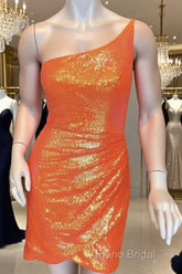 Short Tight Neon Orange Sequin Dresses