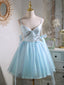 Short V Neck Beaded Blue Prom Dresses, Short Blue V Neck Formal Homecoming Dresses