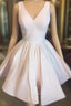 Short V Neck Light Pink Satin Formal Prom Dresses, Short V Neck Pink Formal Graduation Dresses