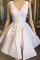 Short V Neck Light Pink Satin Formal Prom Dresses, Short V Neck Pink Formal Graduation Dresses