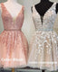 Short V-neck Tulle Formal Prom Homecoming Dresses Lace Embroidery