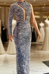 Silver Mermaid Sequin Formal Prom Dresses One Shoulder