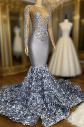 Silver Rosette Long Sleeve Mermaid Formal Prom Dresses