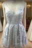 Silver Sequin Lace V Neck Tulle Homecoming Dresses Short Formal Prom Gowns