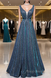 Simple  A-Line Blue Long Formal Prom Dresses, Blue Formal Dresses