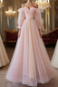 Simple A Line Long Sleeves Pink Tulle Long Formal Prom Dresses