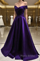 Simple A Line Off The Shoulder Purple Satin Long Formal Prom Dresses