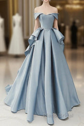 Simple A-Line Satin Blue Long Formal Prom Dresses, Blue Satin Long Formal Dresses