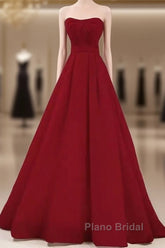 Simple A Line Strapless Long Red Formal Prom Dresses Evening Dresses