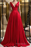 Simple A Line V Neck and V Back Red Satin Long Formal Prom Dress, Cheap V Neck Red Formal Graduation Evening Dress