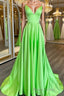 Simple A Line V Neck Green Satin Long Formal Prom Dress, V Neck Green Formal Graduation Evening Dress