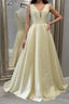 Simple A Line V Neck Open Back Yellow Long Formal Prom Dresses, Yellow Formal Evening Dresses