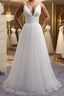 Simple A Line V Neck White Wedding Dresses, V Neck White Tulle Formal Prom Formal Dresses