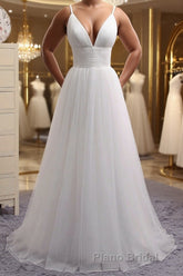 Simple A Line V Neck White Wedding Dresses, V Neck White Tulle Formal Prom Formal Dresses