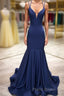 Simple dark blue satin long Formal Prom dress blue evening dress