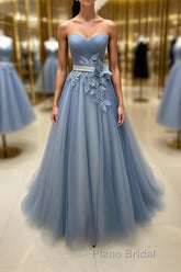 Simple gray blue tulle lace applique long Formal Prom dress, tulle evening dress