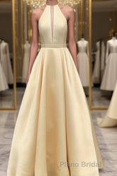 Simple Halter Yellow Satin Long Formal Prom Dresses 2019, Yellow Formal Dresses Long Evening Dresses