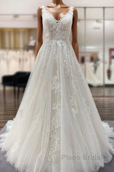Simple Long A-line Tulle Lace V Neck Appliques Lace Open Back Wedding Dress