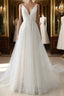 Simple Long A-line V Neck Tulle Wedding Dress