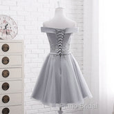 Simple Off Shoulder Grey Tulle Applique Bridesmaid Dresses, Knee Length Formal Dresses, Party Dresses