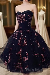 Simple Short Black Tulle Party Dresses With Floral, Lovely Short Formal Prom Dresses