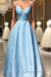 Simple sweetheart blue satin long Formal Prom dress, blue evening dress
