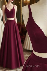 Simple Two Pieces Burgundy Long Formal Prom Dresses, Burgundy Formal Dresses