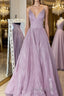 Simple v neck A-line long Formal Prom dress sequin evening dress