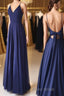 Simple V Neck Backless Blue Long Formal Prom Dresses, V Neck Blue Formal Evening Dresses, Blue Graduation Dresses