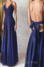 Simple v neck blue long Formal Prom dress, blue evening dress
