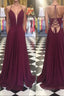 Simple v neck chiffon backless long Formal Prom dress, Burgundy evening dress