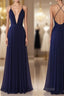 Simple V Neck Dark Blue Tulle Long Formal Prom Dresses, Formal Dresses
