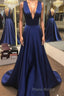 Simple V Neck Open Back Blue Long Formal Prom Dress, V Neck Blue Formal Dress, Blue Evening Dress